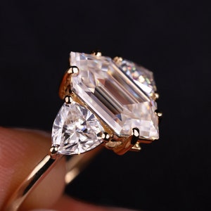 Elongated Hexagon Moissanite Ring: Trillion Side Stones, Yellow Gold