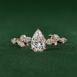 Leaf Style Pear Cut Ring IGI Certified 1 - 3  Carat Pear Lab Grown Diamond Engagement Ring Marquise and Round Side Stones Cluster Ring