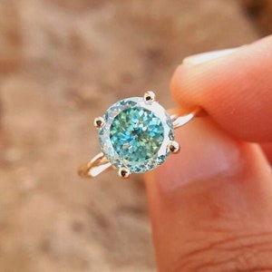 Classic 2.68 CT Round Portuguese Cut Cyan Blue Moissanite Engagement Ring, aque green moissanite ring, Wedding Ring , Anniversary Gift Ring