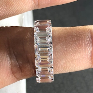 Brilliant 5x3mm Emerald Cut Moissanite Accents Ring, 14K Solid White Gold moissanite Engagement Ring,Full Eternity Wedding band,Ring For her