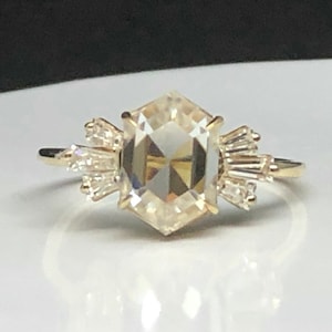 Hexagon Moissanite ring, 14K solid Gold Engagement Ring, baguette moissanite ring, Alternative, Unique Bride Bridal ring, ring for women
