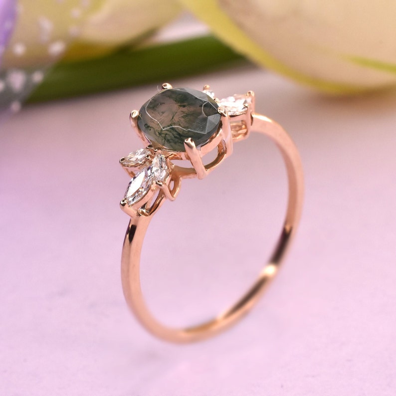 Oval moss agate engagement ring vintage unique Cluster rose gold engagement ring women Marquise diamond wedding Bridal art deco Anniversary