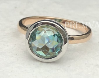 2.44CT Rose Cut Aqua Blue Moissanite Engagement Ring - Solitaire Bezel Ring For Woman - Two Tone Solid Gold Wedding Ring - Best Gift For Her