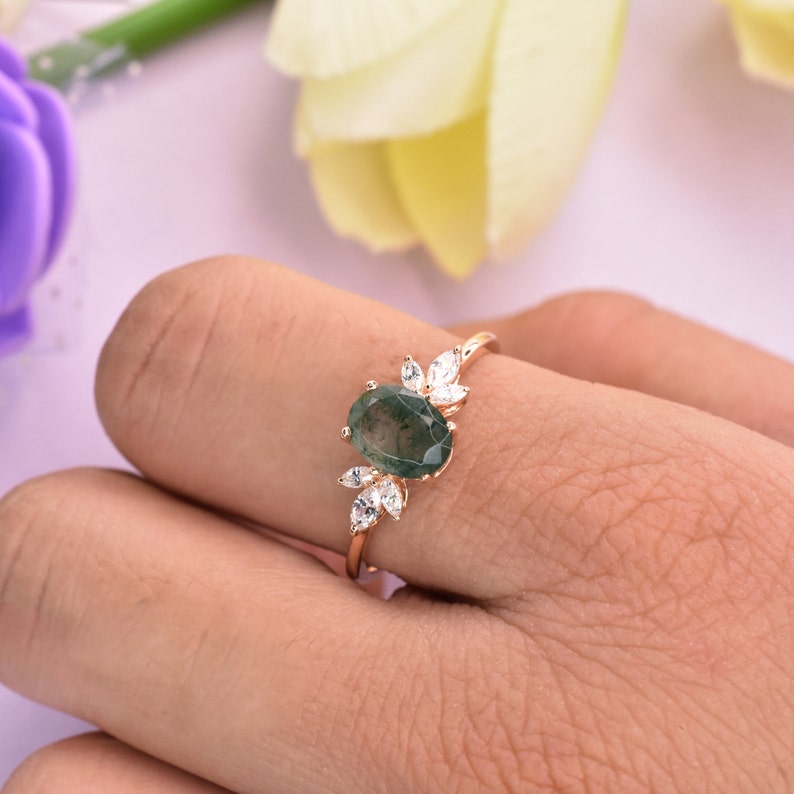 Oval moss agate engagement ring vintage unique Cluster rose gold engagement ring women Marquise diamond wedding Bridal art deco Anniversary