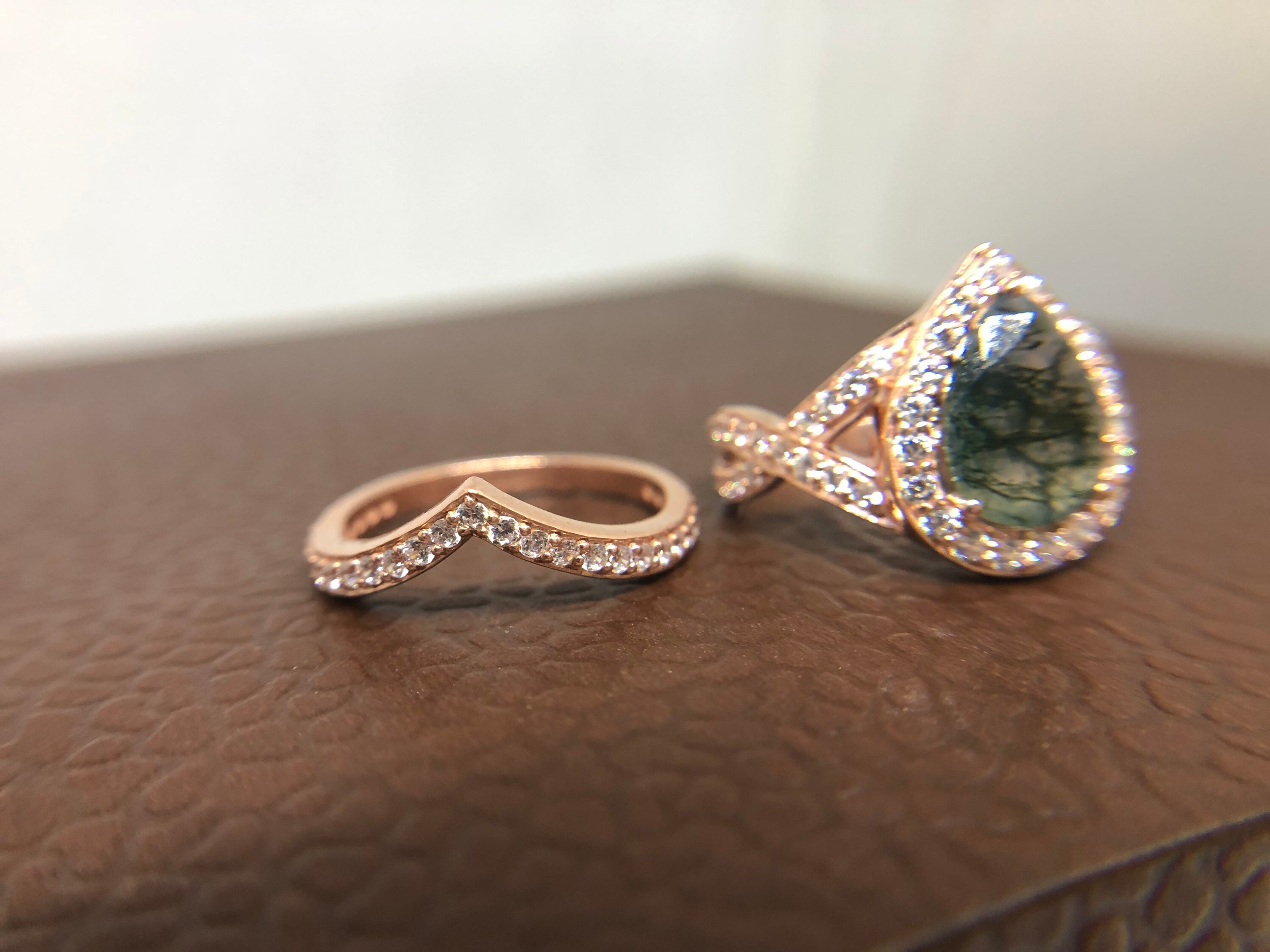 Pear shaped moss agate engagement ring sets vintage green moss | Etsy