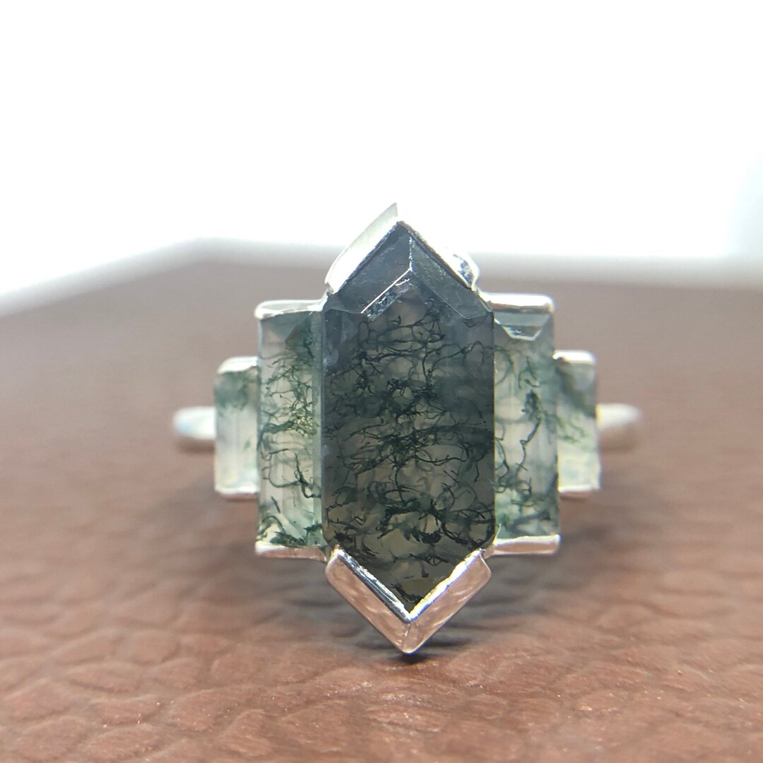 Moss Agate Ring Geometric Agate Ring Moss Agate Engagement Etsy
