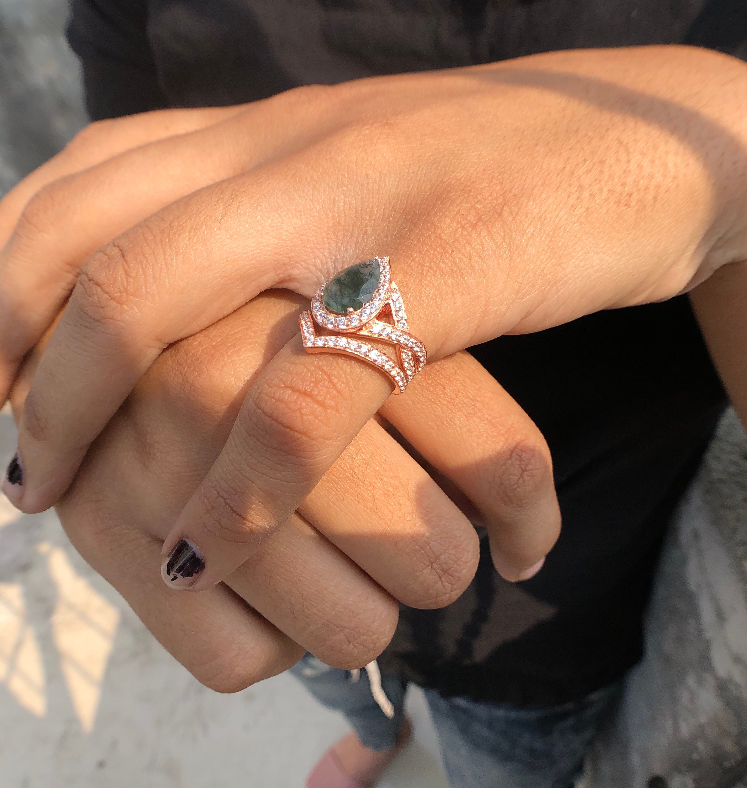 Pear shaped moss agate engagement ring sets vintage green moss | Etsy