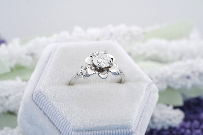 Solid White Gold Flower Engagement Ring Birth Flower Ring for Etsy