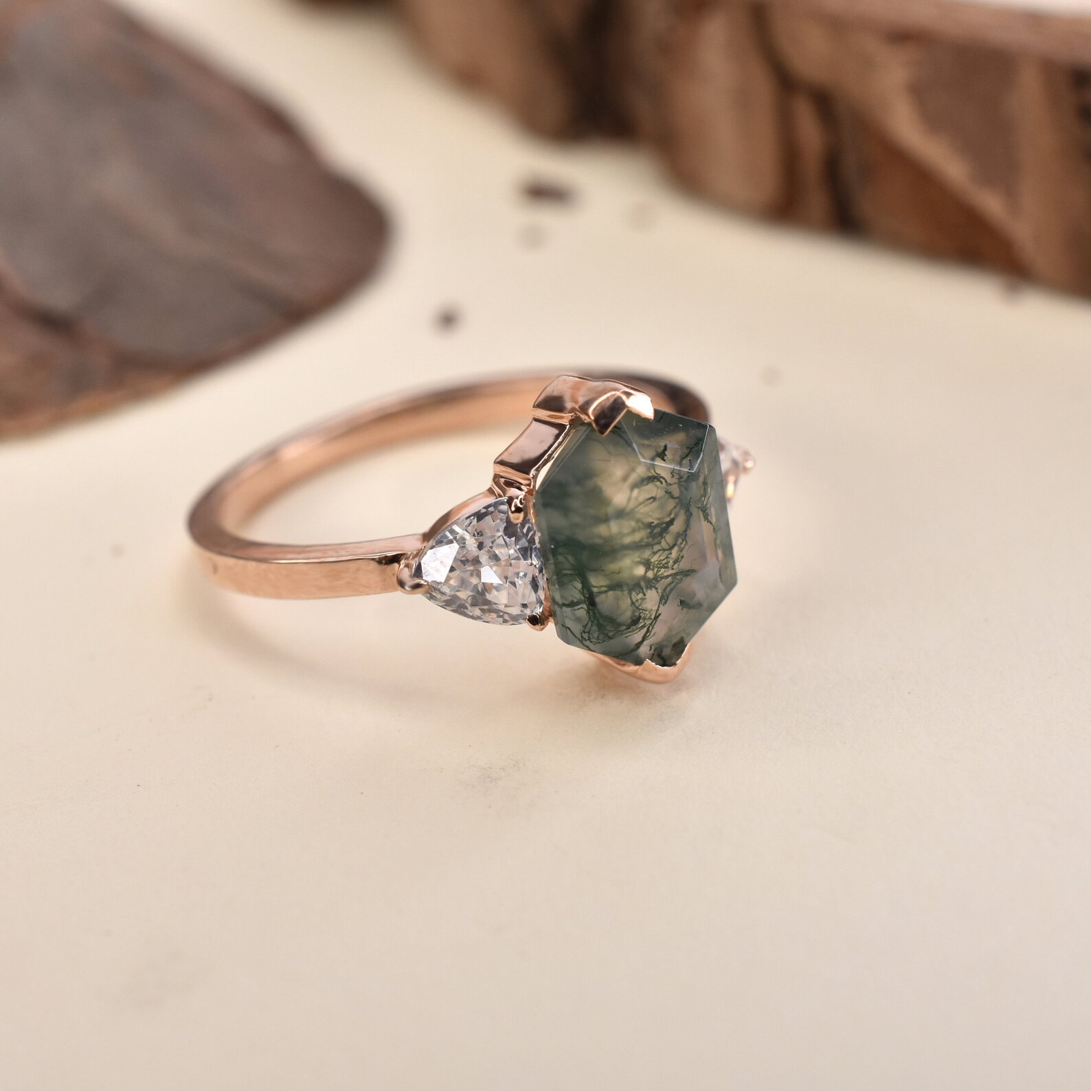 Antique Moss Agate Engagement Ring Hexagon Moss Agate Halo Etsy
