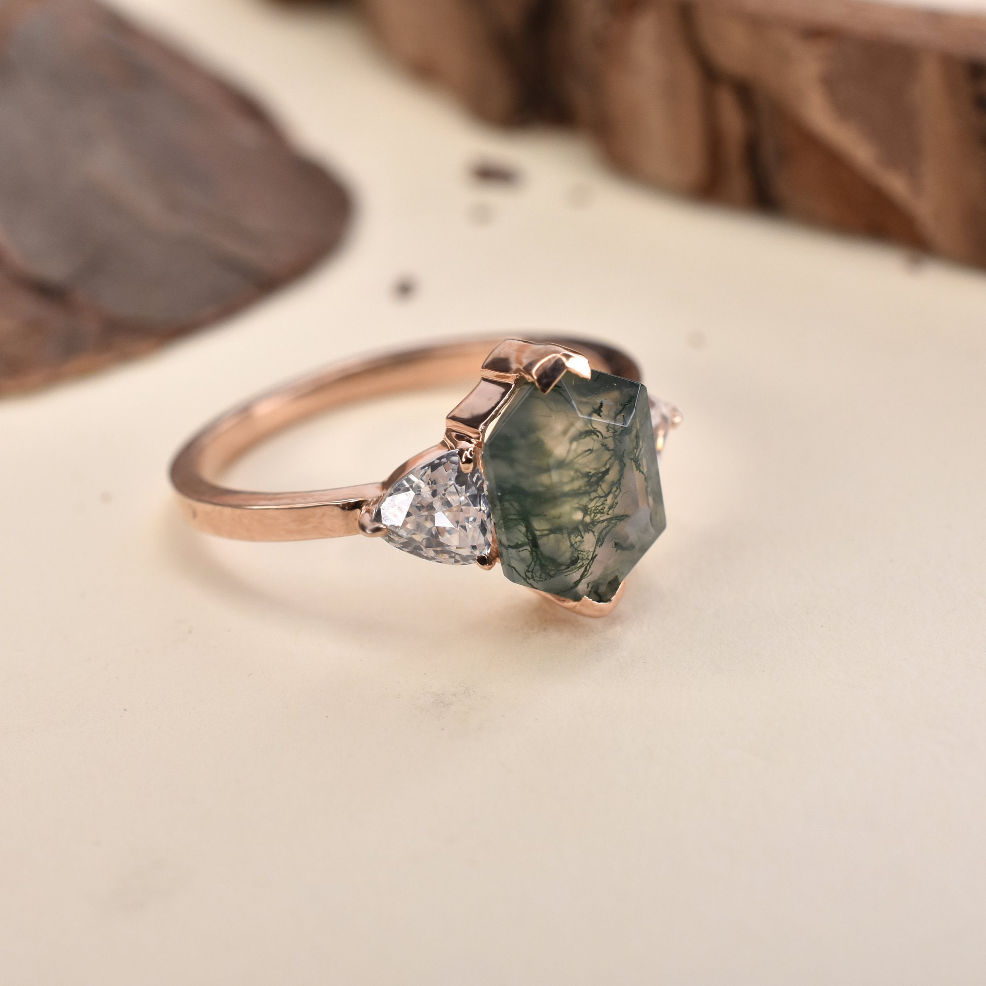 Antique Moss Agate Engagement Ring Hexagon Moss Agate Halo Etsy