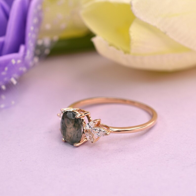 Oval moss agate engagement ring vintage unique Cluster rose gold engagement ring women Marquise diamond wedding Bridal art deco Anniversary