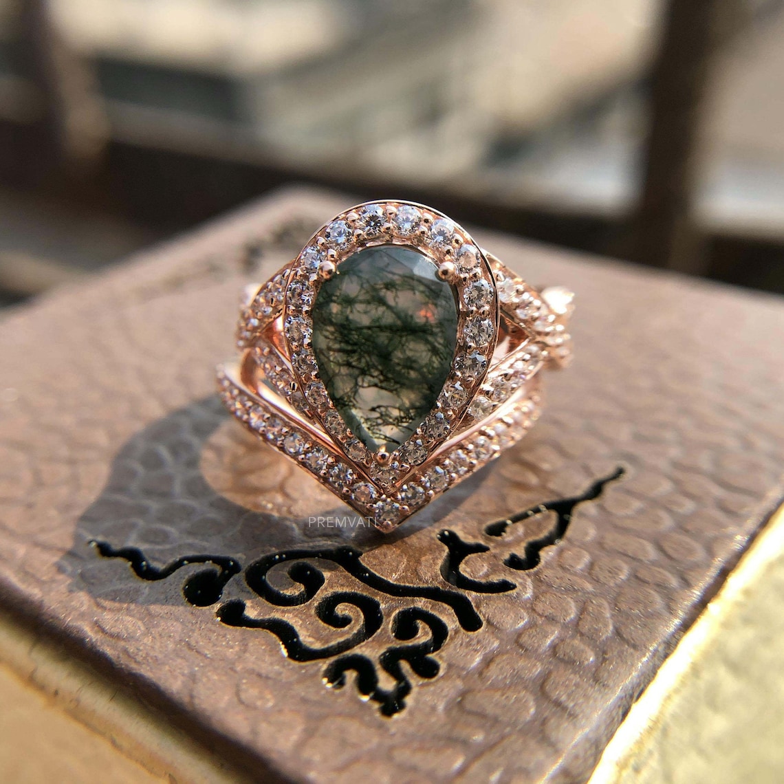 Pear shaped moss agate engagement ring sets vintage green moss | Etsy
