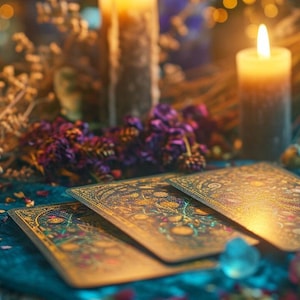 May include: A mystical scene featuring lit candles, tarot cards, and amethyst crystals. The cards are gold-edged with intricate designs, arranged on a teal cloth. Dried flowers and soft lighting create a spiritual ambiance.
