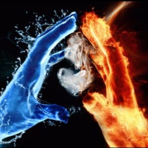 May include: A digital art piece depicting two hands, one formed of blue water and the other of orange fire, meeting in the center. A heart shape is formed where the hands meet, with a black background.