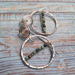 African turquoise earrings, mini beaded hoops with swirl ear wires, handmade sterling silver hoops