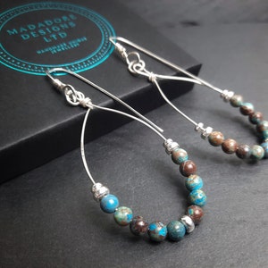 Blue crazy lace agate teardrop hoop earrings, sterling silver teardrop hoops