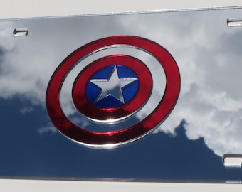 Captain America Shield on Mirror Acrylic License Plate 3D Laser cut Avengers