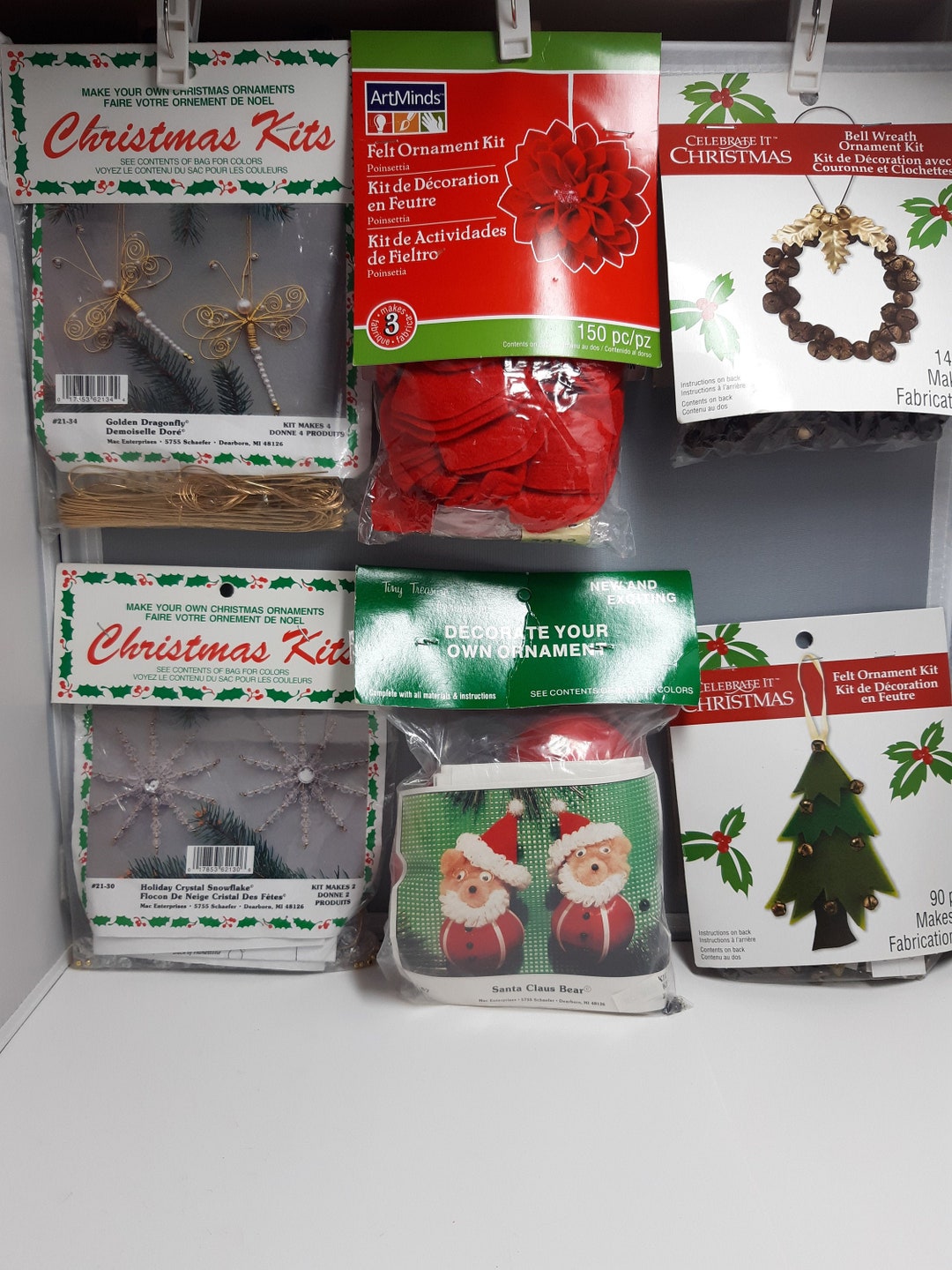 Christmas Ornaments Kits 4 Gold Pearl Dragonfly, 2 Crystal Snowflake, 3  Poinsettia, 6 Tree Ornament, 4 Bell Wreath, 2 Santa Bear 