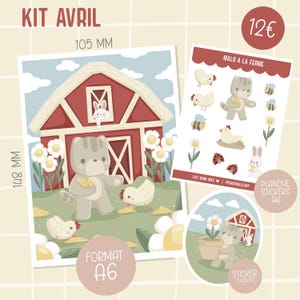 Kit illustration A6 + planche stickers ferme kawaii – animaux mignons, papeterie printemps, déco scrapbooking, bullet journal