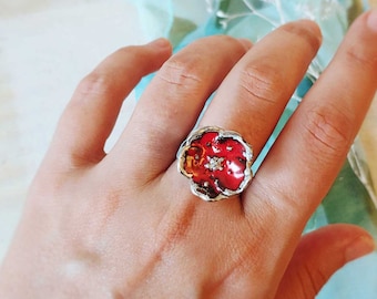 Mix & Match Flower Extravaganza Silver Ring, Poppy Ring, Red Poppy Ring, Flower Ring, Botanical Ring, Bud Ring, Flower Lover Gift