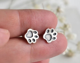 Cute Silver Paw Stud Earrings, Paw Earrings, Paw Jewelry,  Animal Earrings, Paw Studs, Animal Jewelry, Heart Beans, Animal Lover Gift