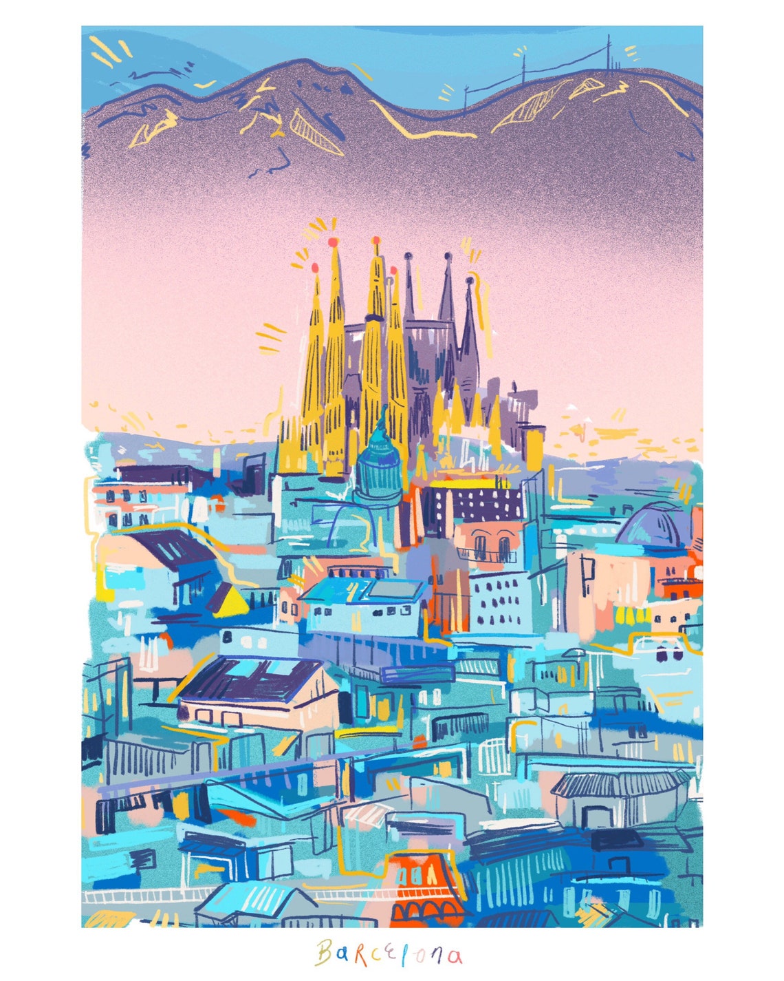 Barcelona City skyline art print Etsy