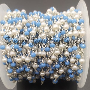 5 Feet Pearl Blue Turquoise Hydro Smooth Round Beads Rosary Chain Silver & Gold Plated Wire Roll 1,3,5 Feet Jewelry Making Crafts