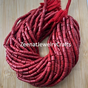 Red Coral Tube Beads: 8&quot; Hydro Moonga Gemstone Strand
