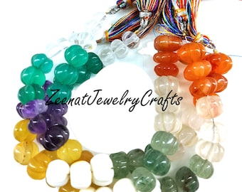 Natural MULTI BEADS Carved Rondelle Shape Beads Semi Precious Stone Mix Gemstone Watermelon Shape Semi Precious Stone Jewelry Making Crafts