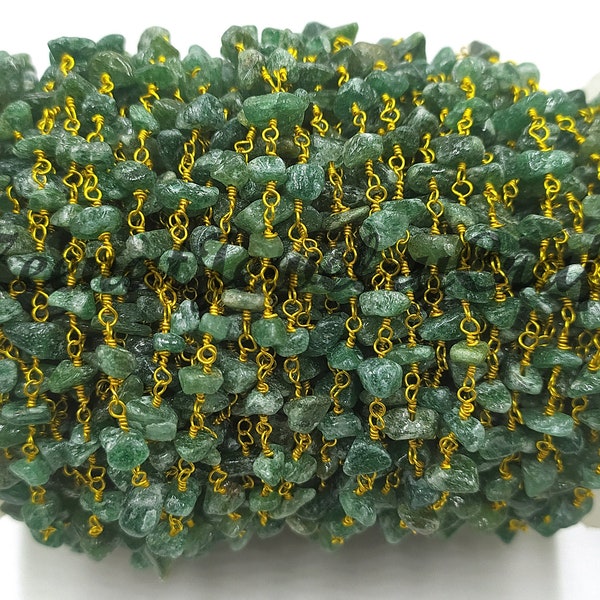 Natural Green Mica Uncut Chips Beads Rosary Chain 1,3,5 Feet Gold Plated Wire Jewelry Making Crafts