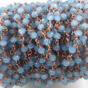 Rose Gold Plated Blue Chalcedony Hydro Beads Rosary Chain: 3-3.5mm