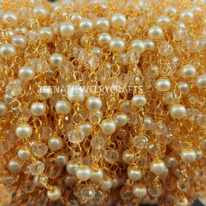 Crystal Quartz Faceted Pearl Smooth Hydro Bead Rondelle Beaded Rosary Chain Gold Silver Plated Wire Jewelry Chain Making Craft Chain Finding