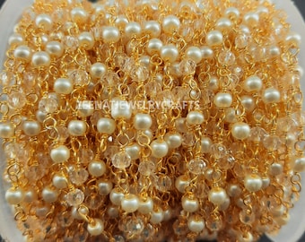 Crystal Quartz Faceted Pearl Smooth Hydro Bead Rondelle Beaded Rosary Chain Gold Silver Plated Wire Jewelry Chain Making Craft Chain Finding
