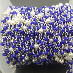 Blue Pearl Rosary Chain: Faceted Rondelle Beads, Gold & Silver Plated Wire