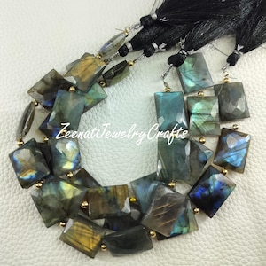 Newly Listed Natural Labradorite Faceted Beads Rectangle Shape Flashy Blue Fire 10 Beads Black Rainbow 1 Strand Briolette Chicklet Beads