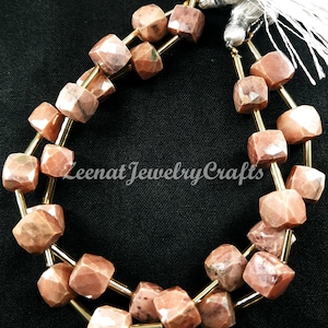 Peach Moonstone Faceted Cube Beads: Silver Coated, 8 Inch Strand