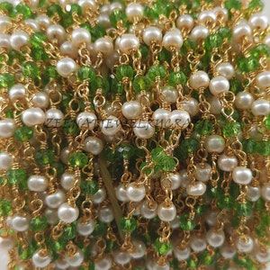 1,3,5 Feet Green Pearl Hydro Faceted Rondelle Beads Rosary Chain Gold Silver Plated Wire Jewelry Making Crafts Finding Chain Beads