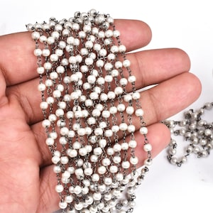 1,5,10,25 Feet Pearl Hydro Beads Faceted Rondelle Beaded Rosary Chain Gold Silver Black Metal Plated Wire Jewelry Making Crafts Bulk Wire