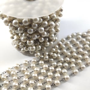 1,5,10 Feet Pearl Hydro Beads Smooth Round Beaded Rosary Chain Size 6 mm Approx Black Metal Plated Wire Jewelry Making Crafts Bulk Wire