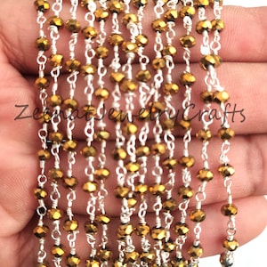 Golden Pyrite Hydro Beads Rosary Chain: Silver Plated Jewelry Crafts (3-3.5 mm)