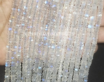 AAA+ Quality 8&quot; Strand Natural Blue Fire Rainbow Moonstone Faceted Rondelle Shape Gemstone Beads Jewelry Making Crafts