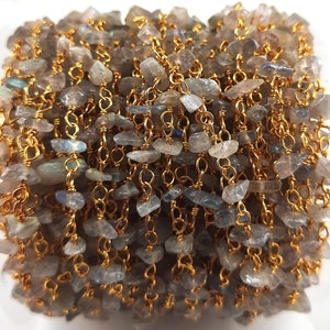 Labradorite Rosary Chain: Gold & Silver Plated Uncut Gemstone Beads