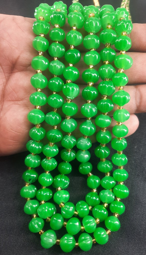 グリーンクォーツハイドロネックレス：彫刻されたスイカの宝石ビーズ