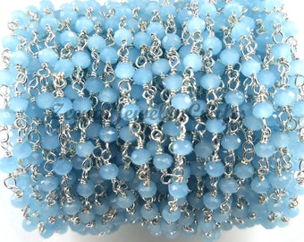1,5,10 Feet Chalcedony Hydro Beads Faceted Rondelle Beaded Rosary Chain Silver Plated Wire Jewelry Making Crafts Bulk Wire Finding Chain