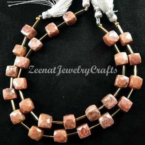 Peach Moonstone 3D Cube Beads: Silver Coated Jewelry Making (7-8 mm)