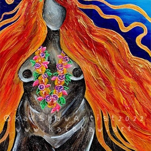 May include: A painting of a woman with long, flowing red hair. She is wearing a flower crown and a lei of flowers around her neck. The background is a deep blue.