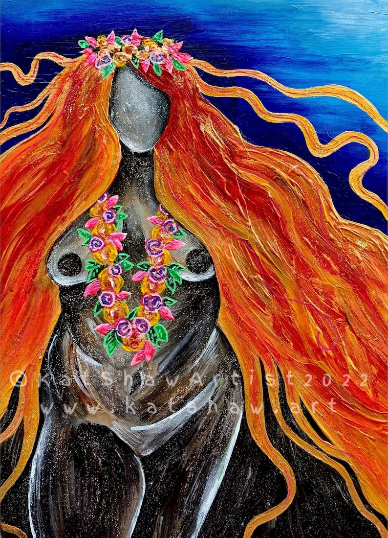 May include: A painting of a woman with long, flowing red hair. She is wearing a flower crown and a lei of flowers around her neck. The background is a deep blue.