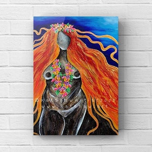 May include: A painting of a woman with long, flowing red hair. She is wearing a floral lei and a crown of flowers. The background is a dark blue with hints of gold.