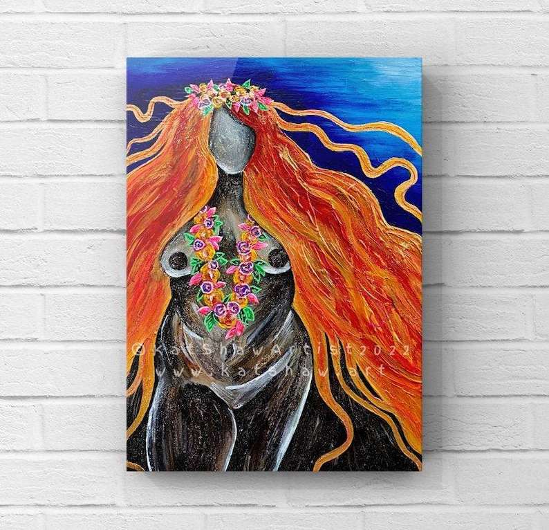 May include: A painting of a woman with long, flowing red hair. She is wearing a floral lei and a crown of flowers. The background is a dark blue with hints of gold.