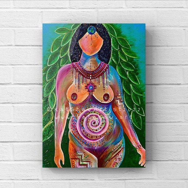 Pachamama Canvas Print, empowering Goddess painting glitter embellished